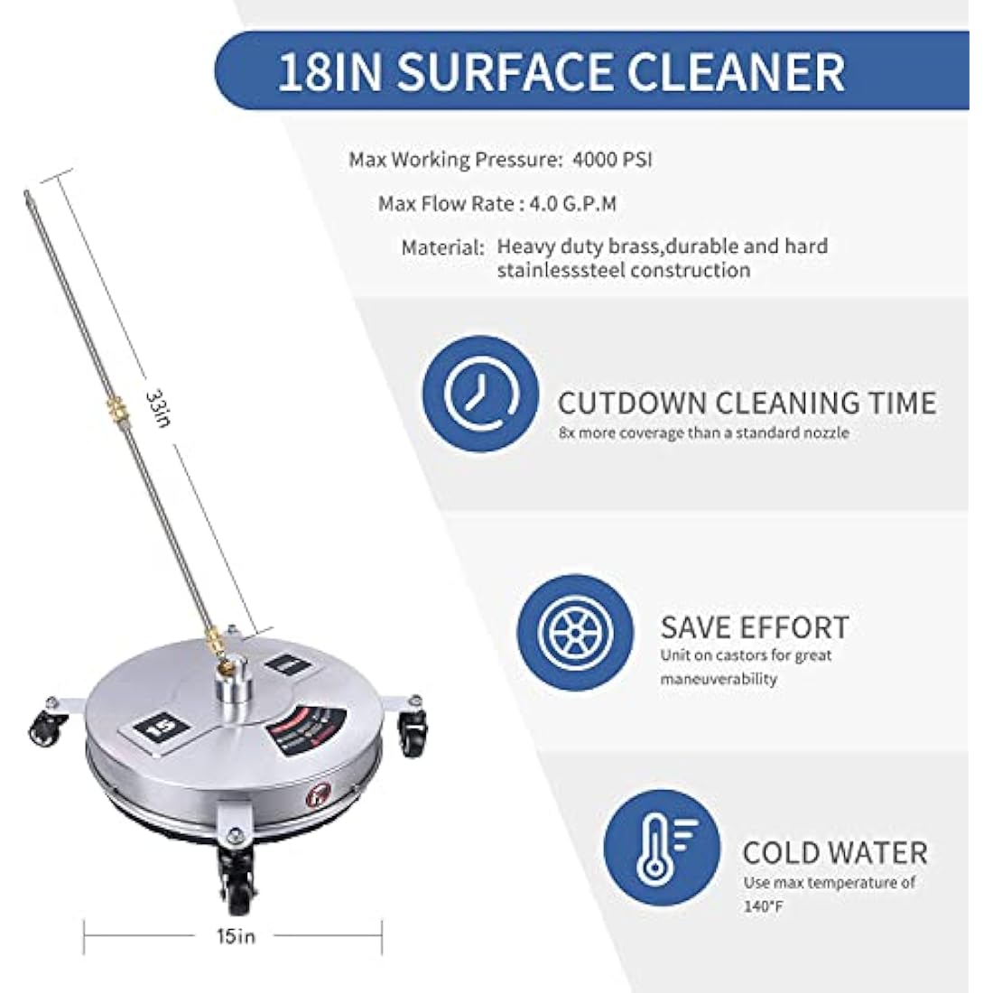 15" Pressure Washer Surface Cleaner | 4000 PSI Stainless Steel