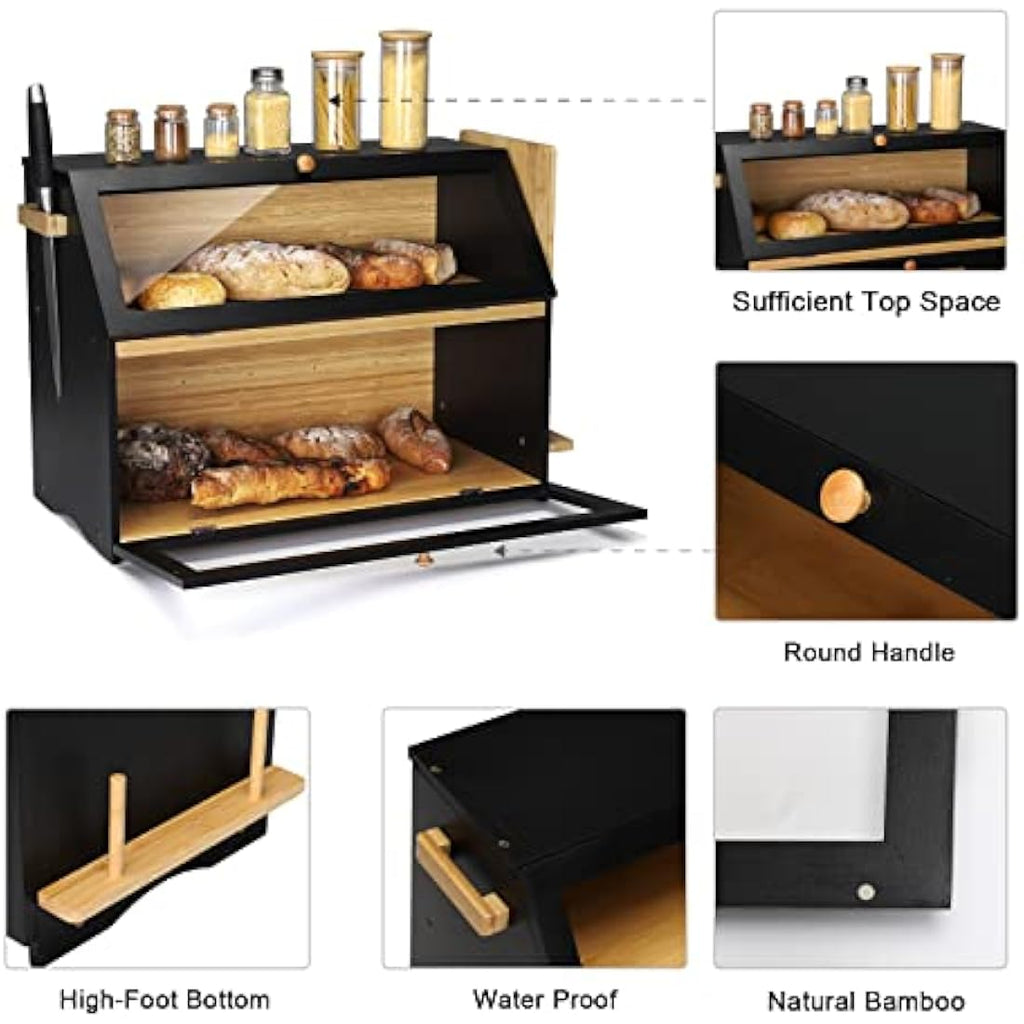 Bamboo Bread Box – Large 2-Layer Double Decker Bread Bin, Black