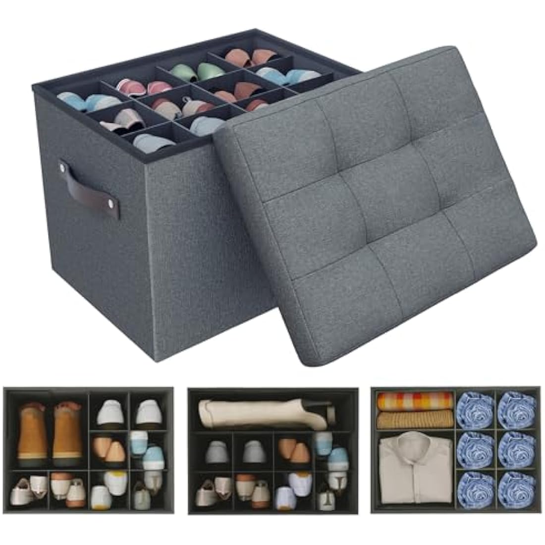 Hoiwio Storage Ottoman Shoe Organiser - Foldable Linen Bench with Dividers