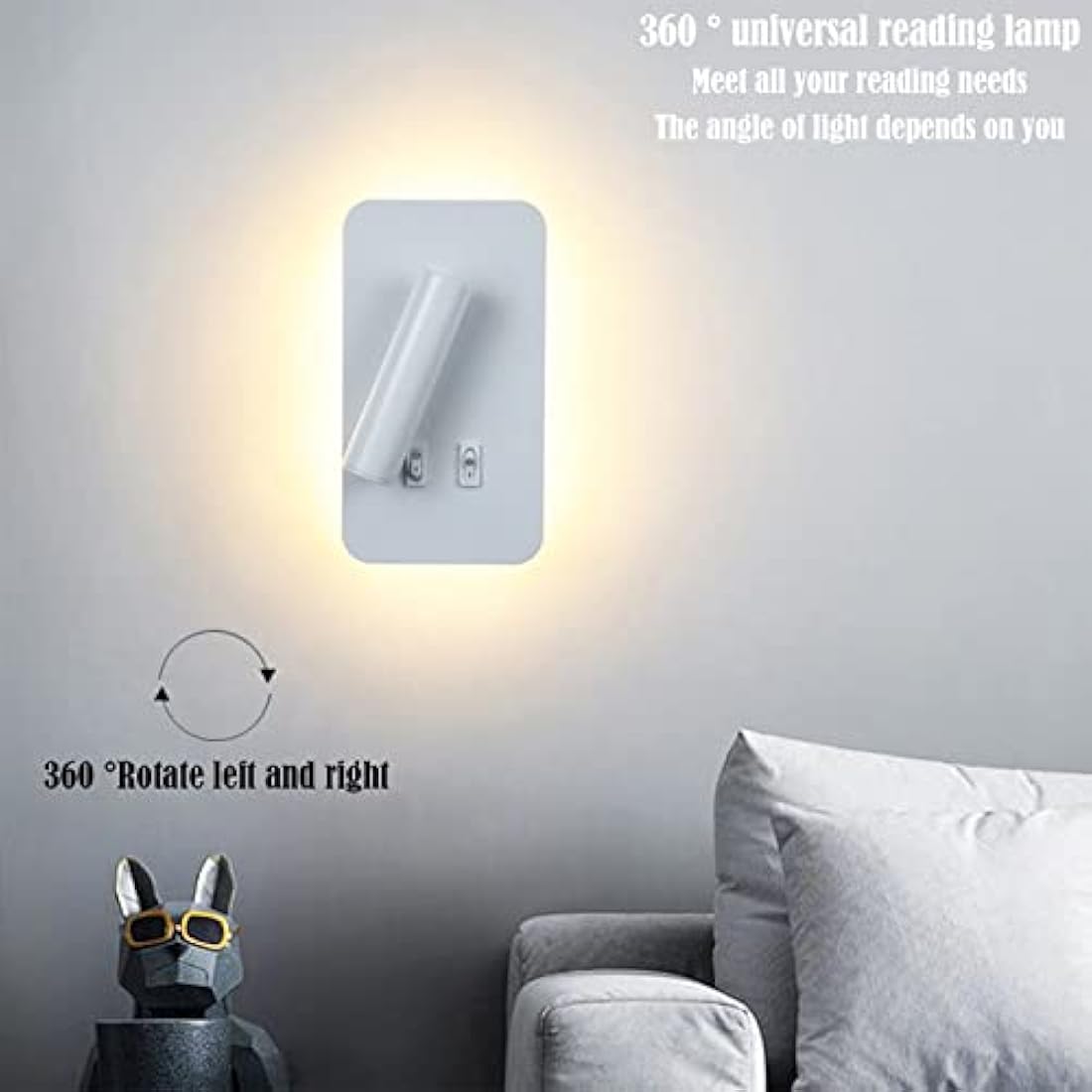 uksunvi LED Bedside Reading Wall Lamp | 12W Adjustable Spotlight - White