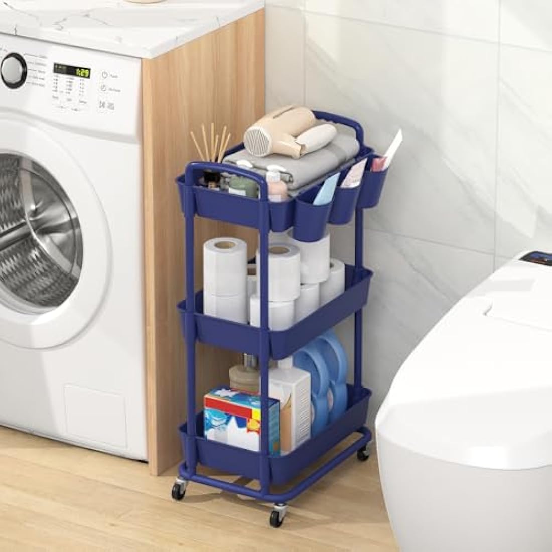 JIUYOTREE 3-Tier Rolling Utility Cart with Hanging Cups & Wheels - Blue
