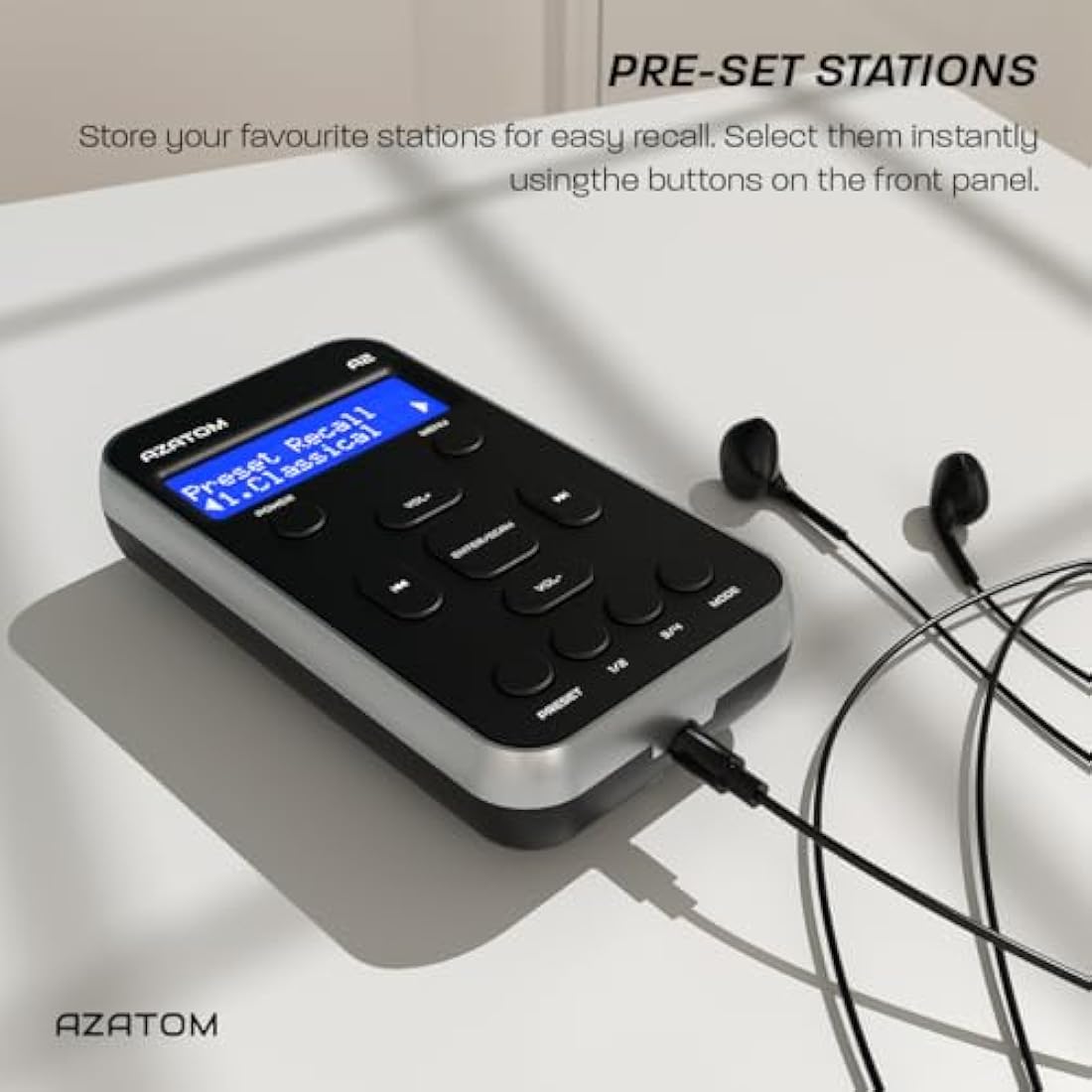 Azatom A2 Portable DAB/DAB+ & FM Digital Radio with Sports Earphones - Silver