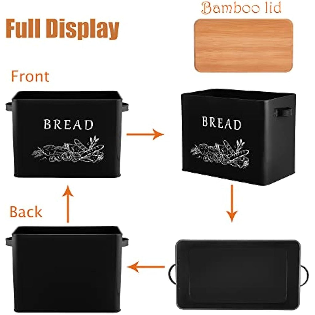 Joyfair Metal Bread Bin with Bamboo Cutting Board Lid – Large Black Box