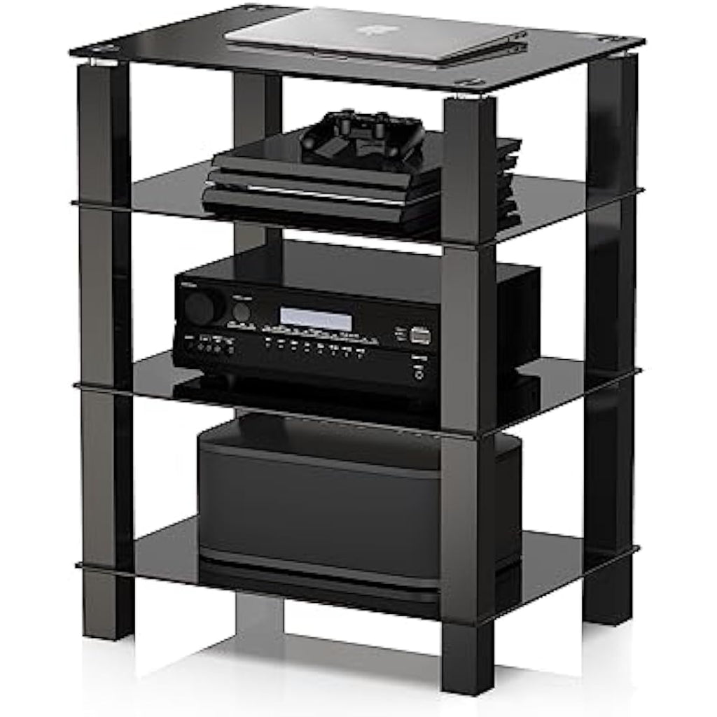 FITUEYES 4-Tier HiFi Rack | Black Tempered Glass AV Media Stand