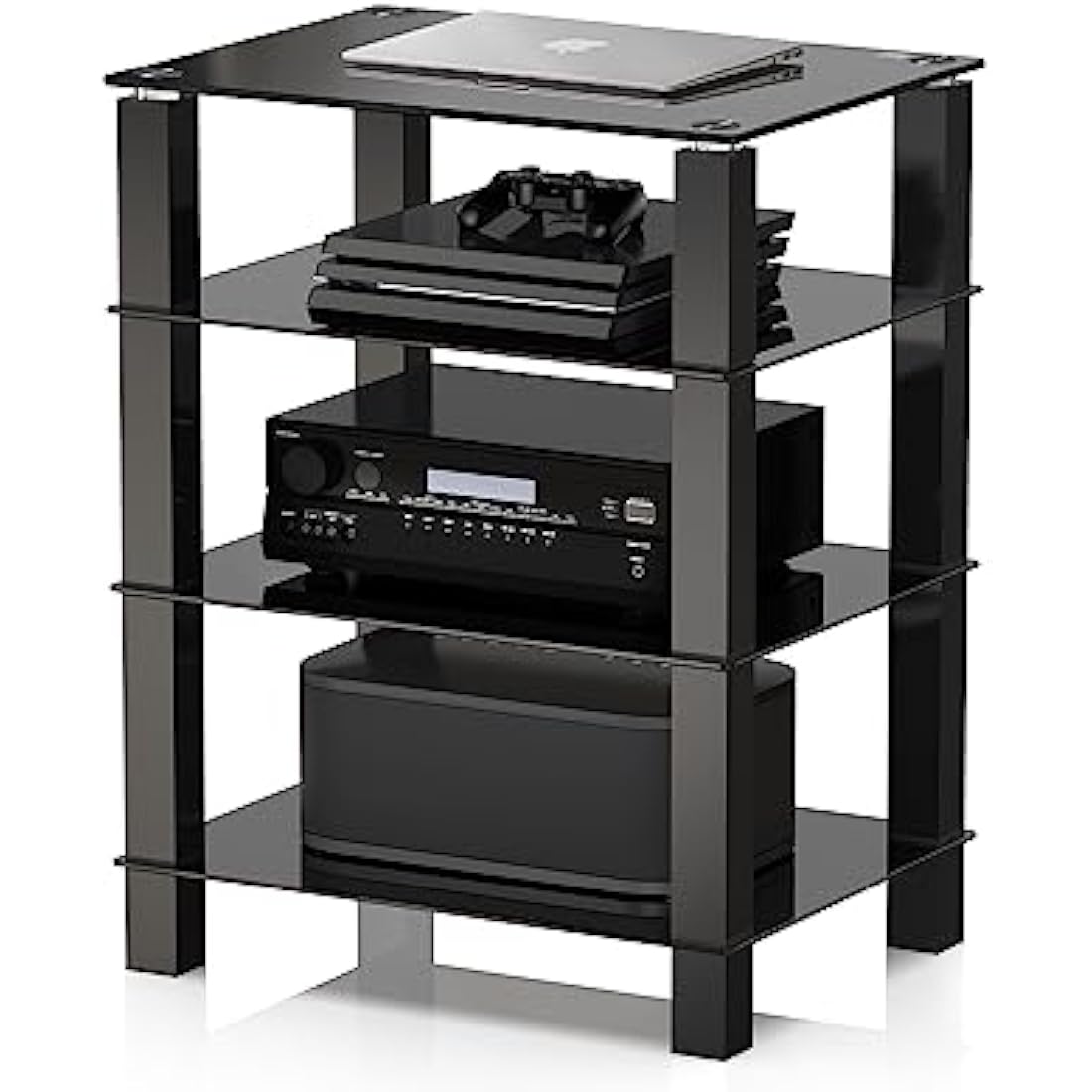 FITUEYES 4-Tier HiFi Rack | Black Tempered Glass AV Media Stand