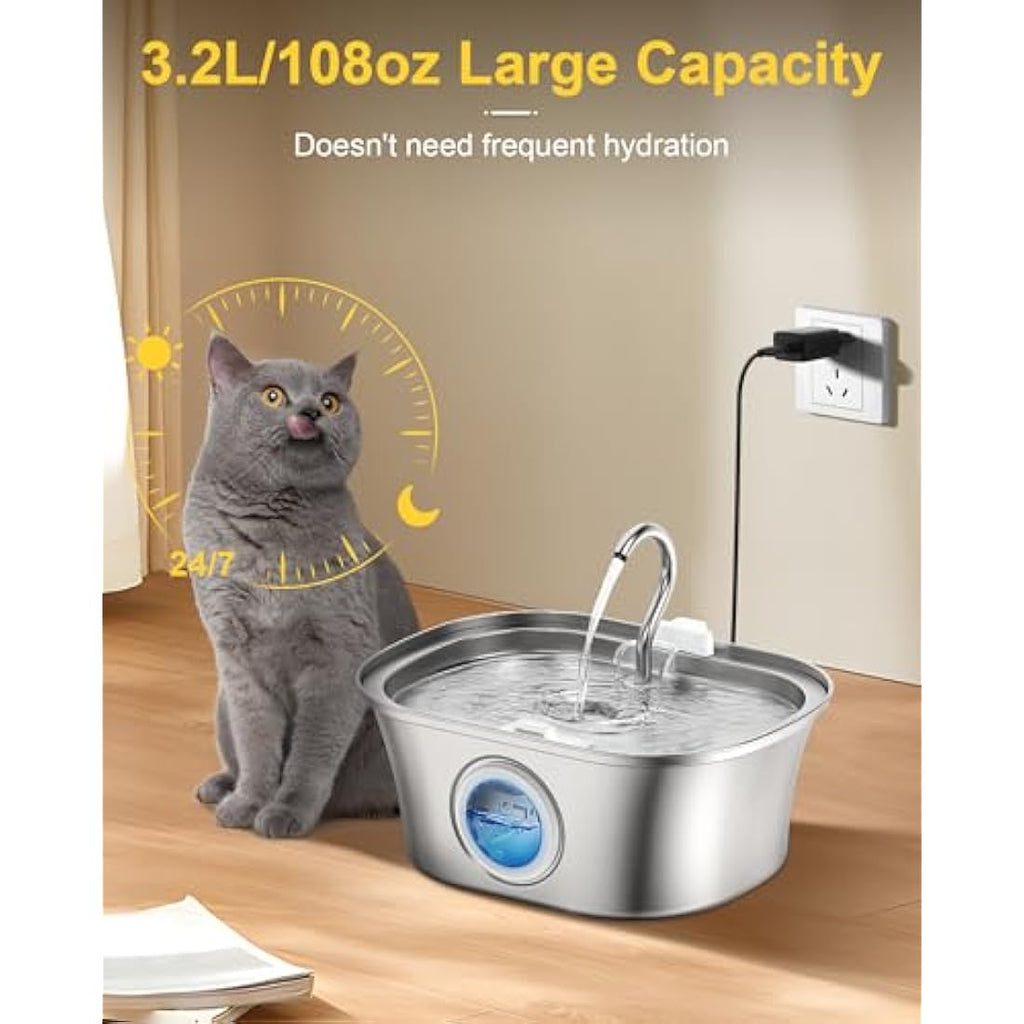 Jolof Store 3.2L Stainless Steel Cat Water Fountain – Ultra-Quiet Pet Bowl