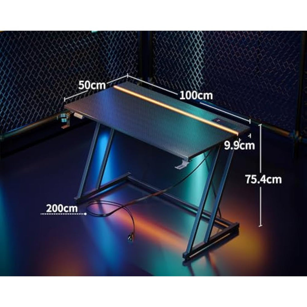 ODK Gaming Desk with LED Lights, Power Outlet & Cup Holder – 100cm
