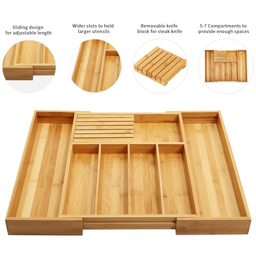 VaeFae Bamboo Expandable Cutlery Organiser | Wooden Utensil Tray