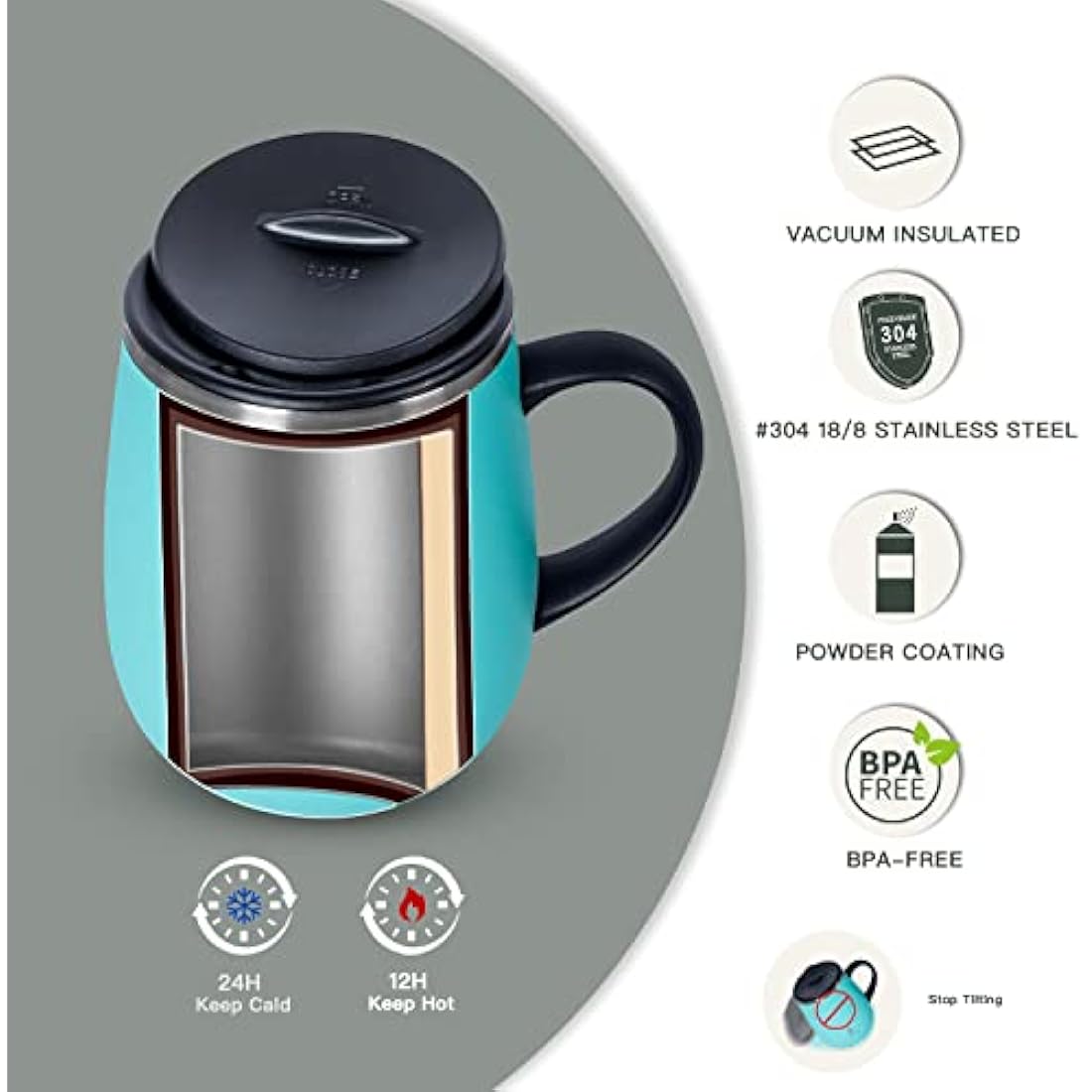 Ideus Insulated Coffee Mug | 16oz Stainless Steel Thermal Cup – Light Blue