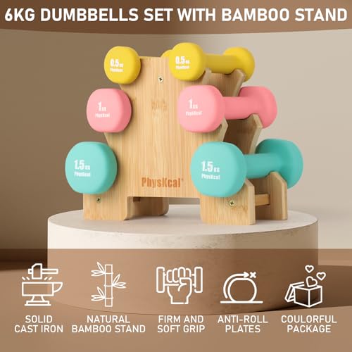 PhysKcal Neoprene Dumbbell Set with Bamboo Stand - 6kg Hand Weights