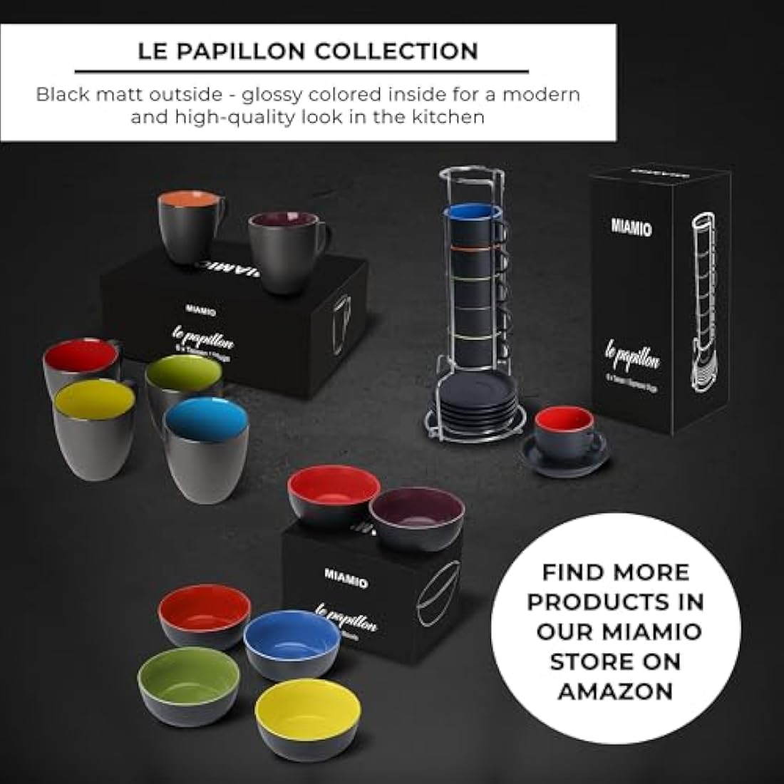 MIAMIO 75ml Espresso Cup Set of 6 | Matte Black Ceramic with Stand