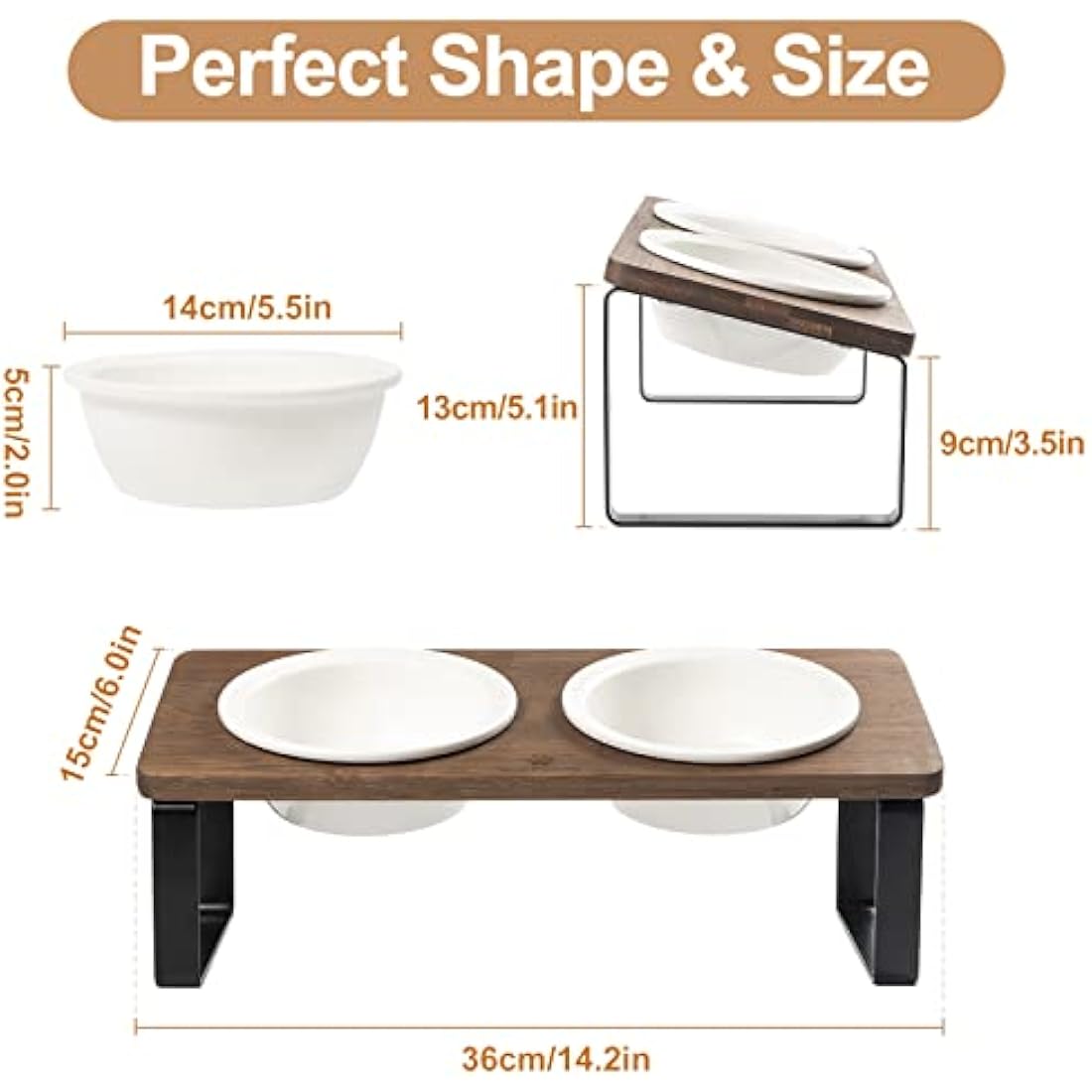 GUUSII HOME Elevated Cat Bowl – Tilted Ceramic Dishes with Bamboo Stand