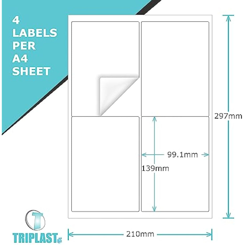 Triplast A4 Address Labels - 4 Per Sheet White Easy Peel Stickers - 50 Pack