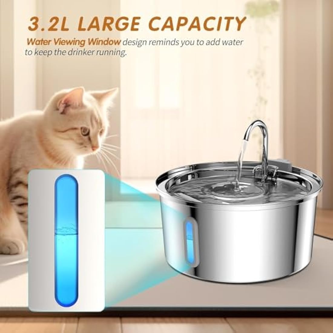 TOMXCUTE 3.2L Stainless Steel Cat Water Fountain | Ultra Quiet Pet Dispenser
