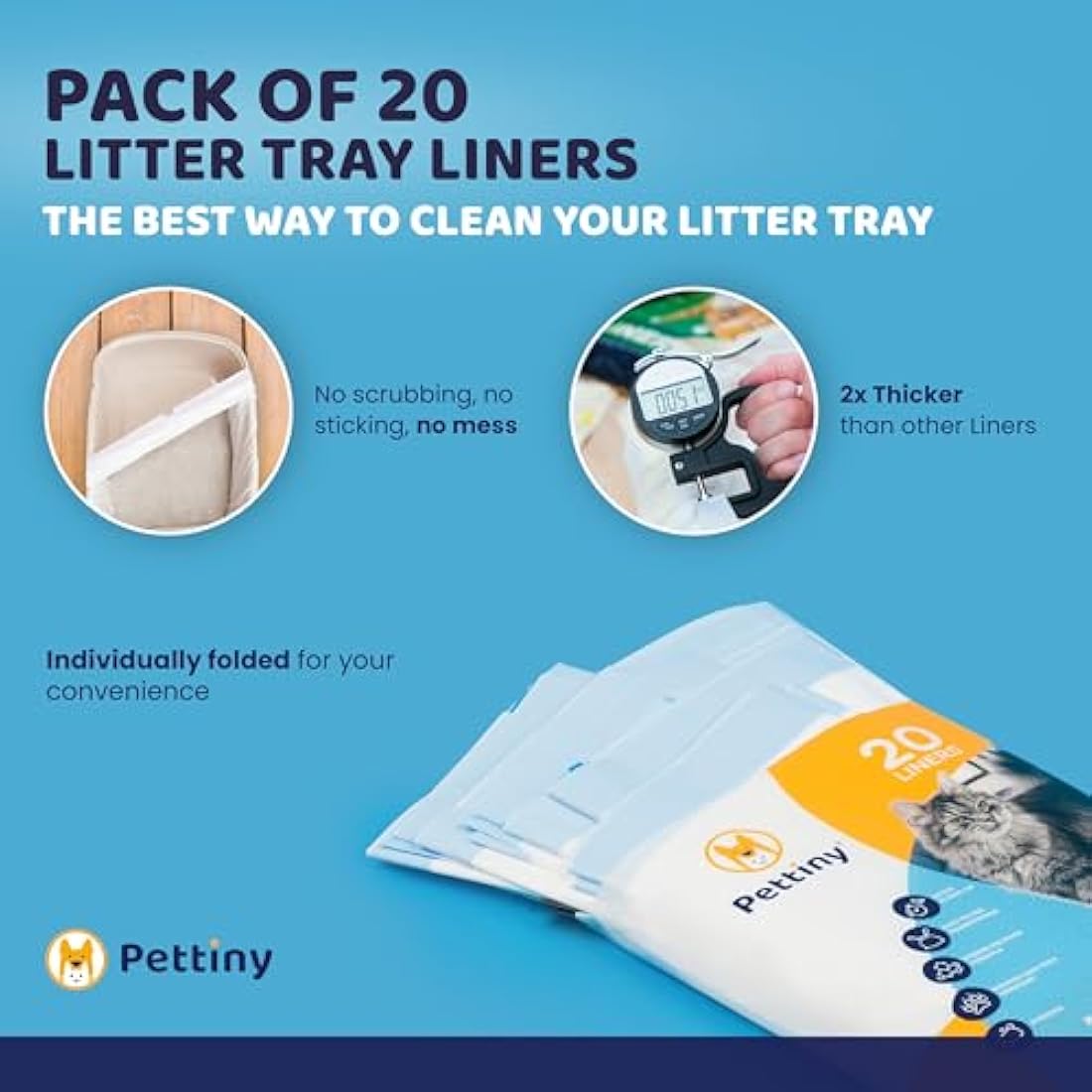 Pettiny Cat Litter Tray Liners – 20 Pack Scratch Resistant Drawstring Bags
