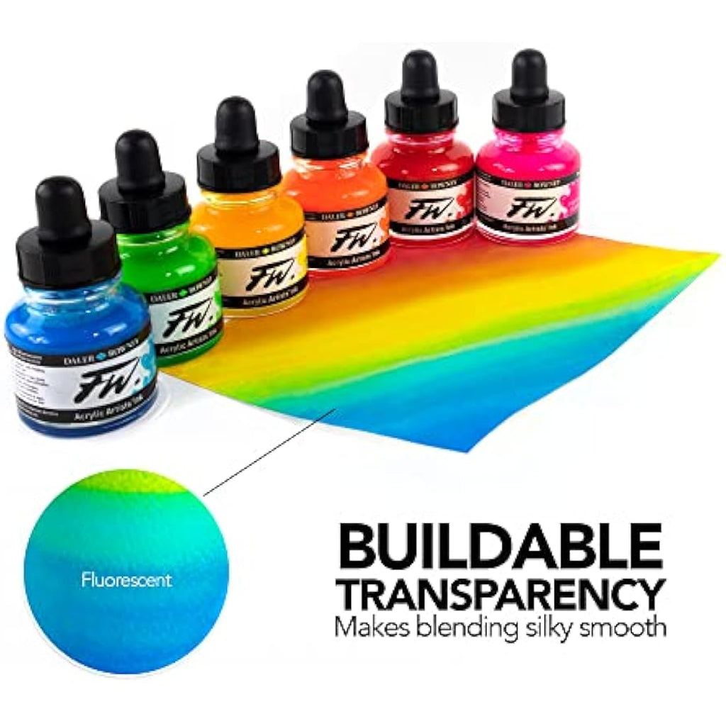 Daler-Rowney FW Neon Acrylic Ink Set | 6 Fluorescent Colors & Marker