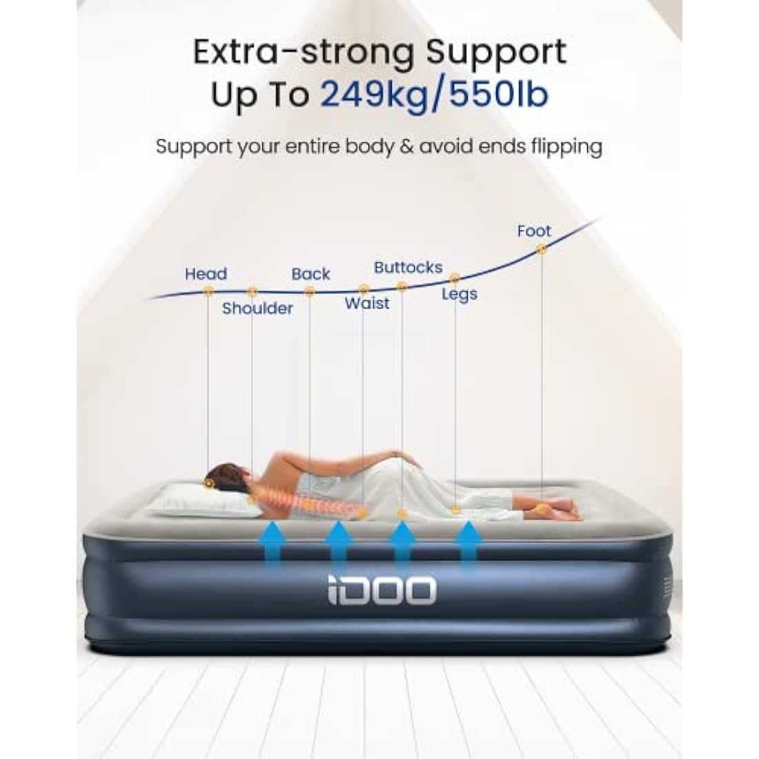 iDOO Single Air Bed | Inflatable Mattress with Built-in Pump | 188x99x38cm