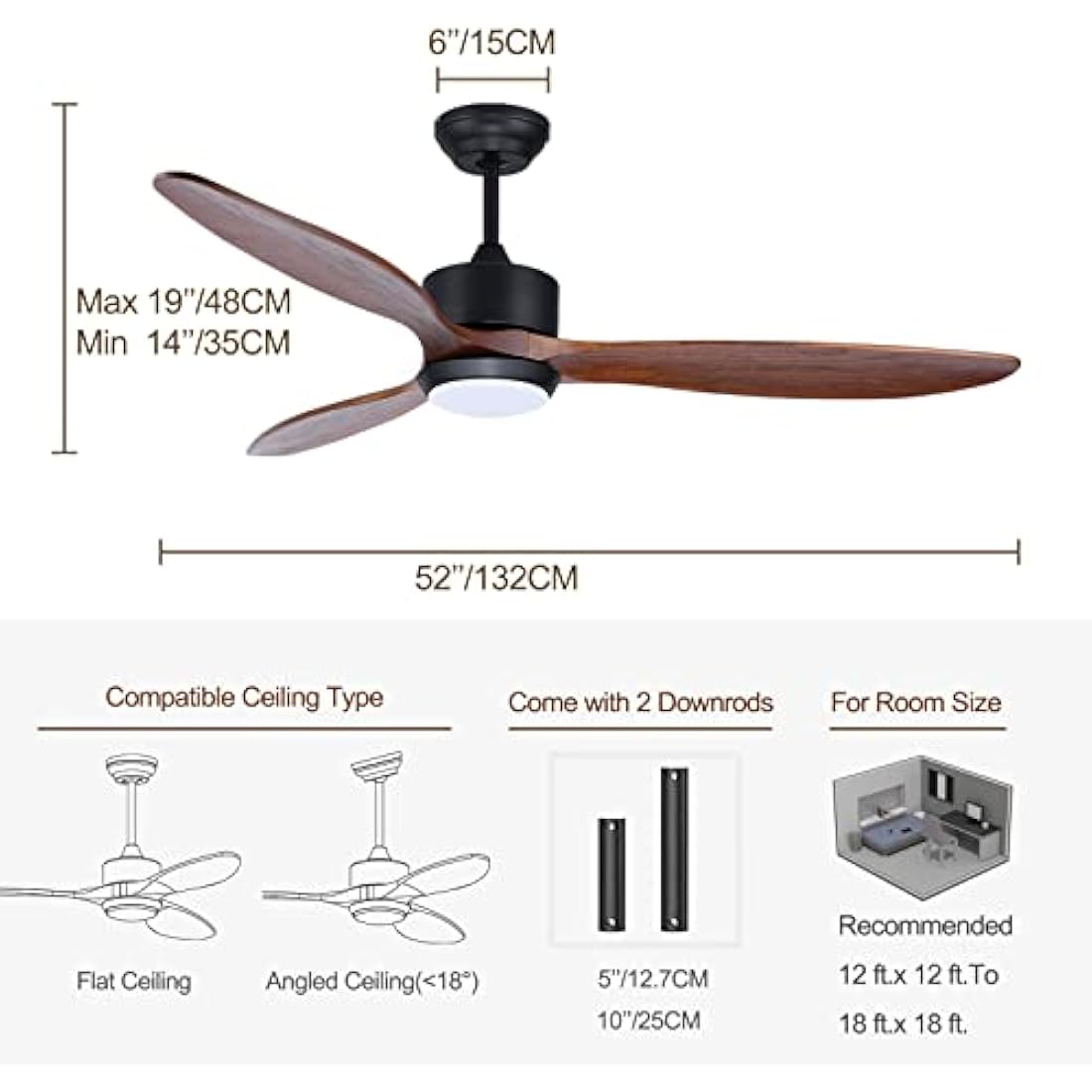 Ovlaim 132cm Wood Ceiling Fan with Dimmable LED Light & Remote Control
