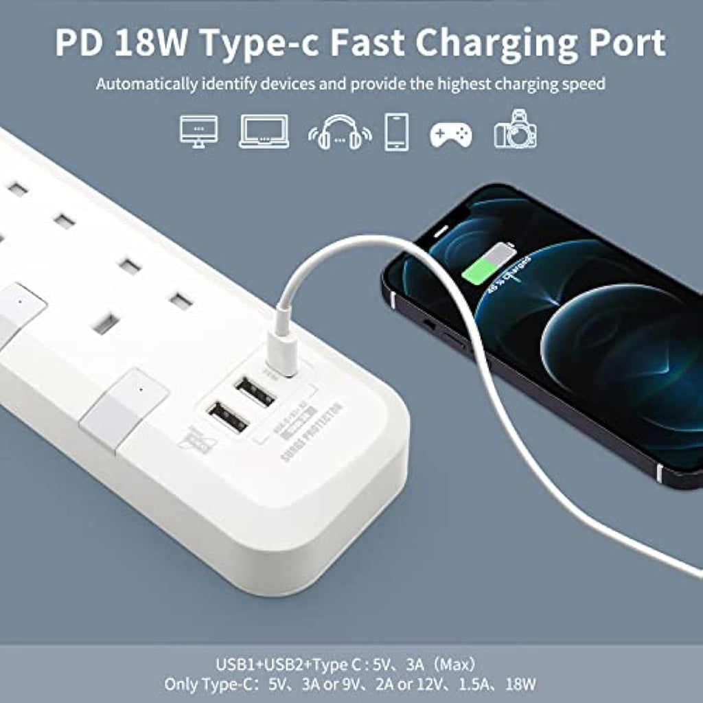 PARTH 4 Way Extension Lead with USB C PD 18W - 3m Surge Protected Strip