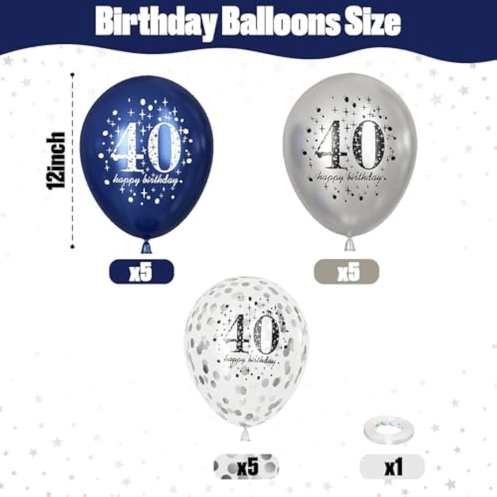 Jolof Store 40th Birthday Balloons - 15pc Navy Blue & Silver Latex Decor