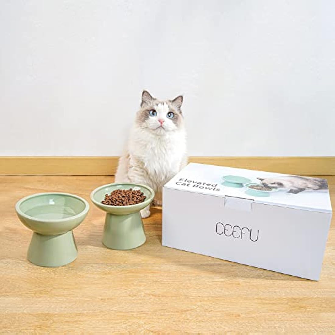 CEEFU Elevated Ceramic Cat Bowls | Wide Whisker Fatigue Relief - Sage Green