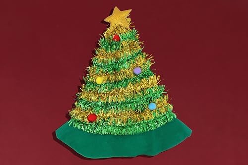 Henbrandt Christmas Tree Hat with Tinsel and Gold Star Topper - 43cm