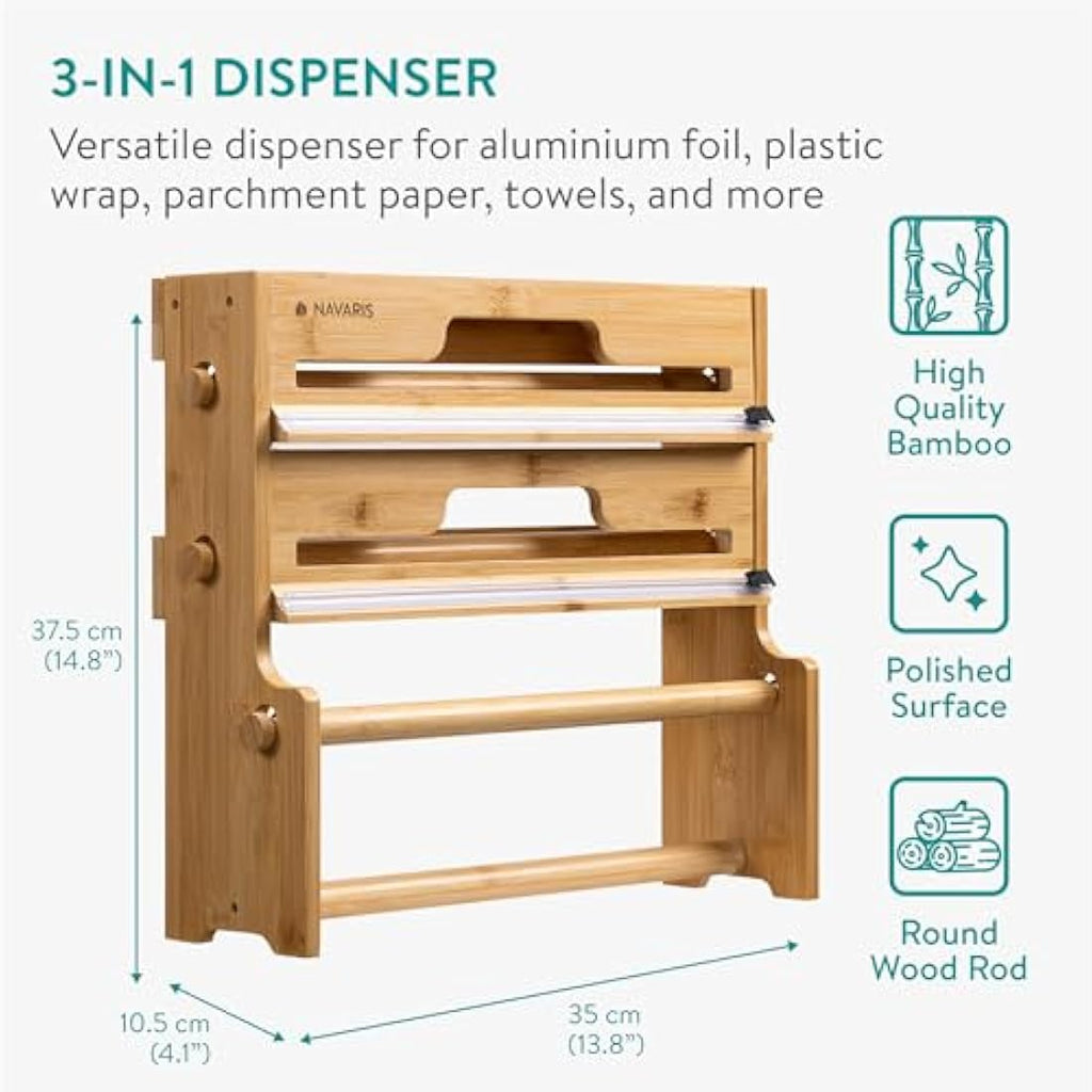 Navaris 3-in-1 Bamboo Cling Film Dispenser & Foil Organiser with Cutter