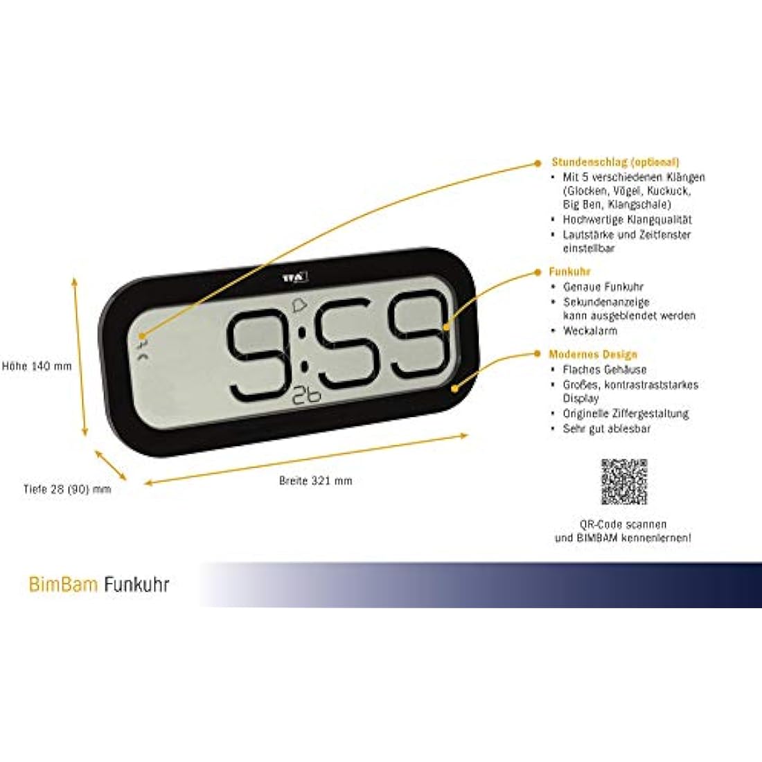 TFA Dostmann Radio Controlled Clock – 5 Alarm Sounds – Black 60.4514