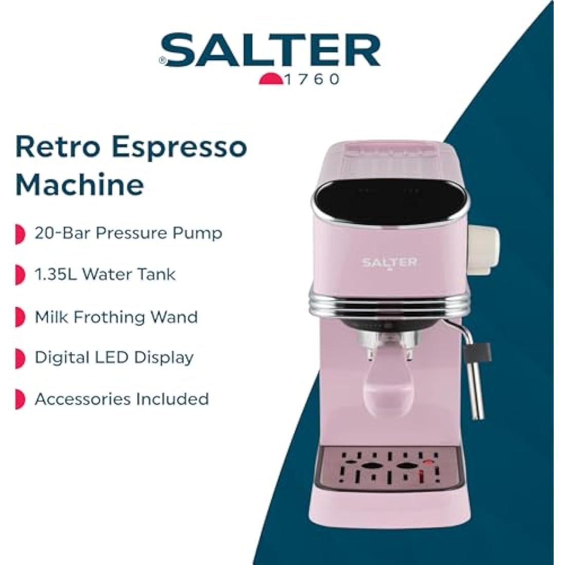 Salter Retro Espresso Machine – 20-Bar Pink Coffee Maker with Milk Frother