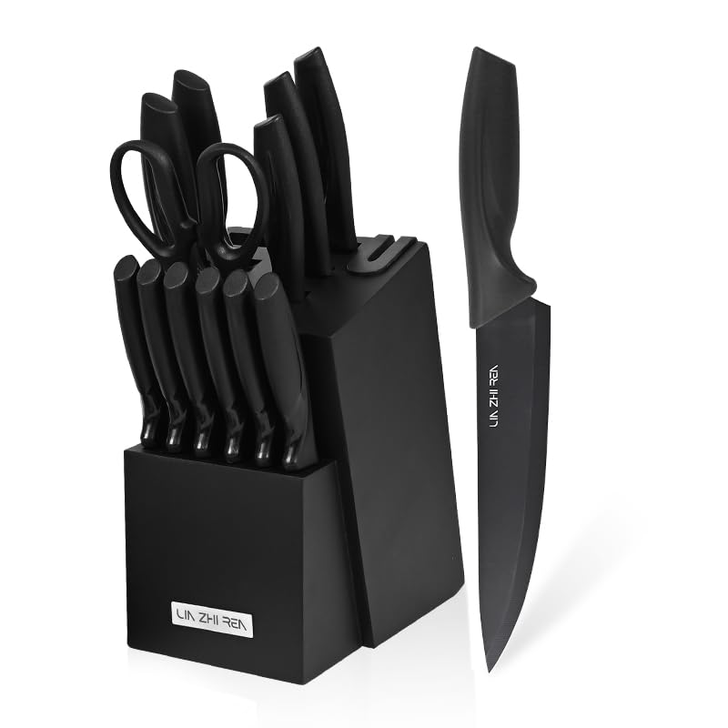 LIN ZHI REN 15-Piece Kitchen Knife Set with Block and Built-in Sharpener