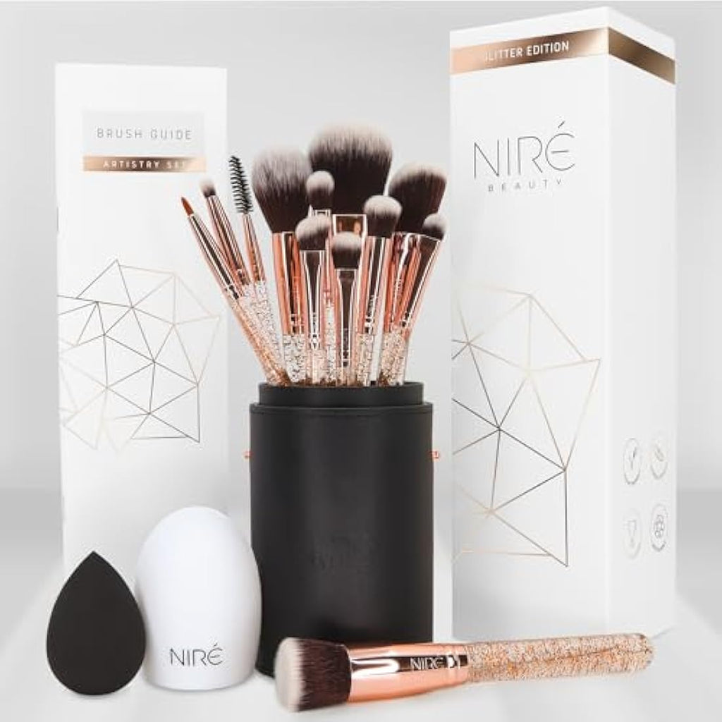 Niré Beauty 15-Piece Glitter Makeup Brush Set with Case and Sponge