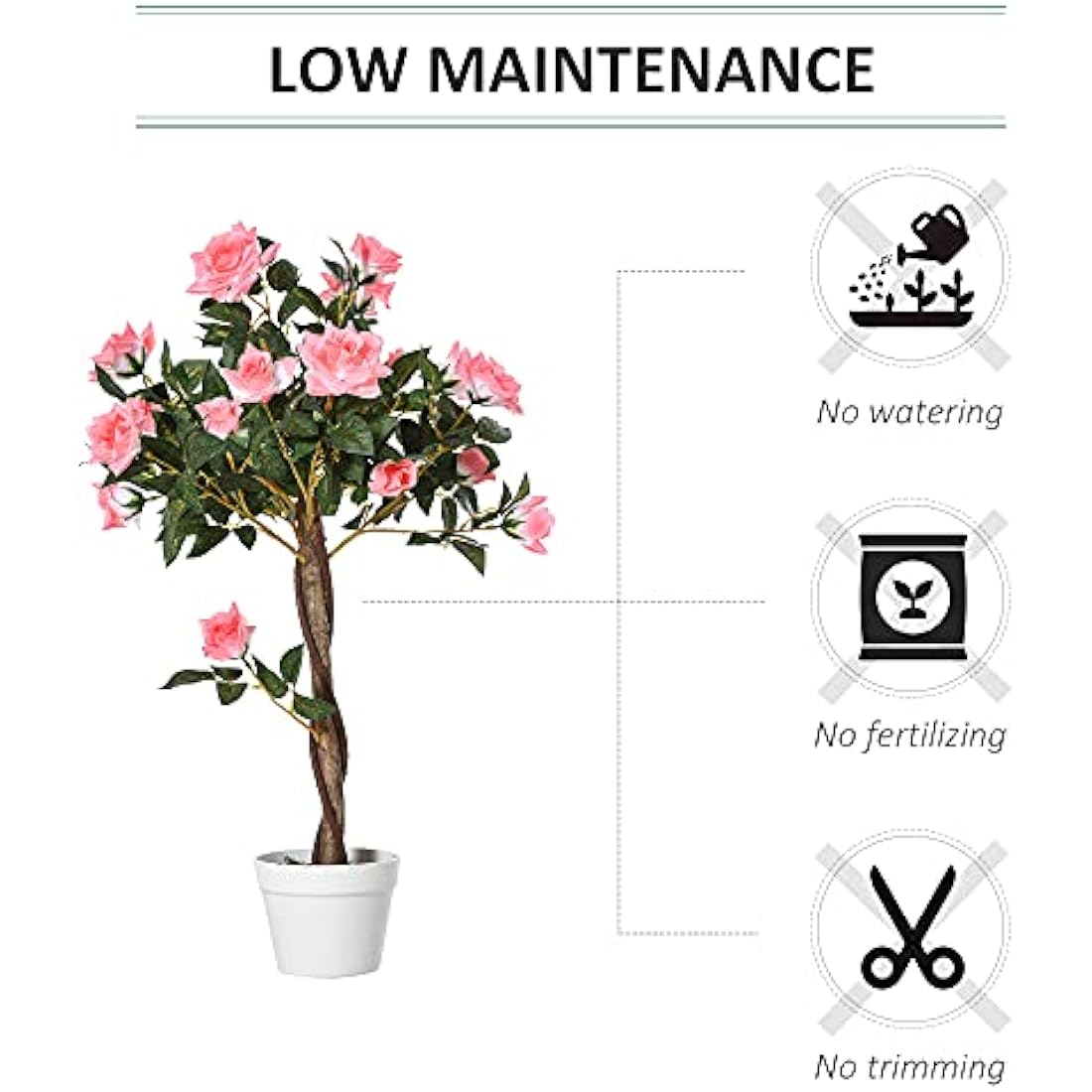 Outsunny 90cm Artificial Rose Tree | Pink Faux Decorative Plant with Pot