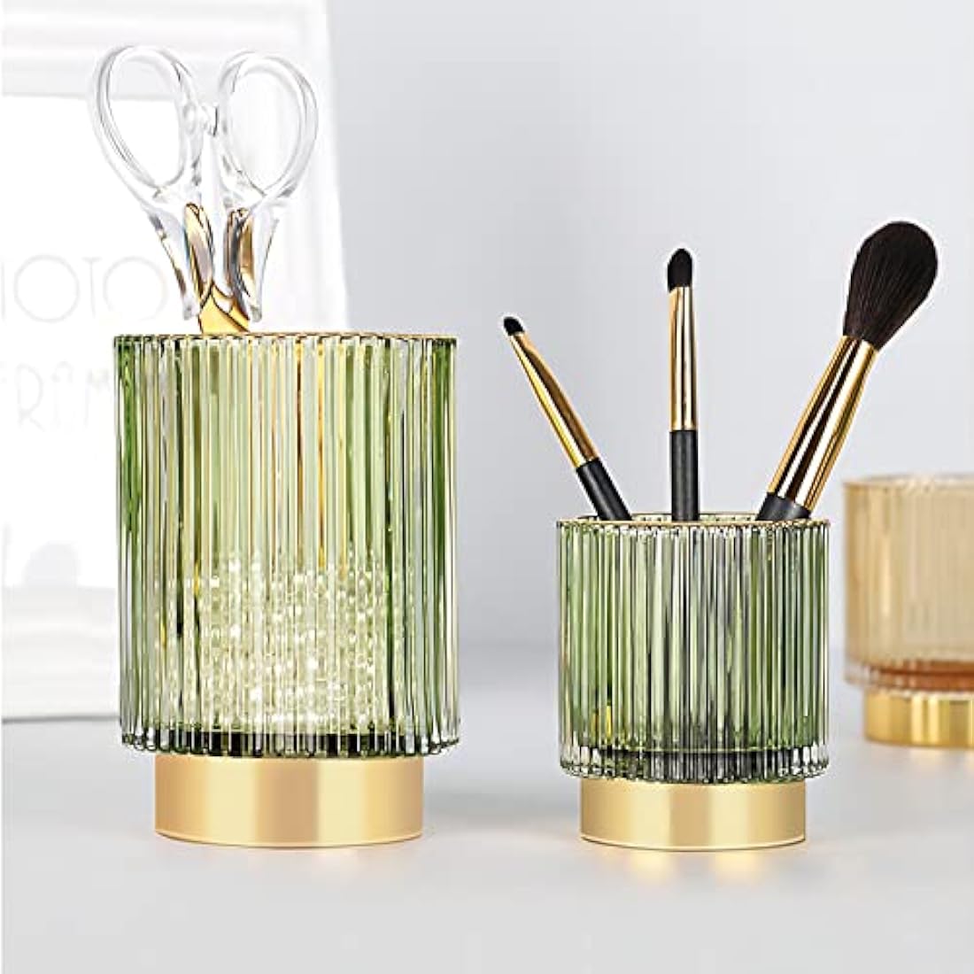 DASITON Glass Makeup Brush Holder – Vintage Striped Cosmetic Organizer, Green