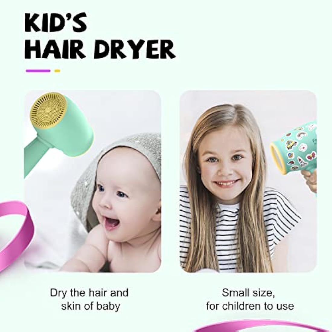 Feekaa Kids Hair Dryer – Portable Low Heat Baby Blow Dryer with Stickers