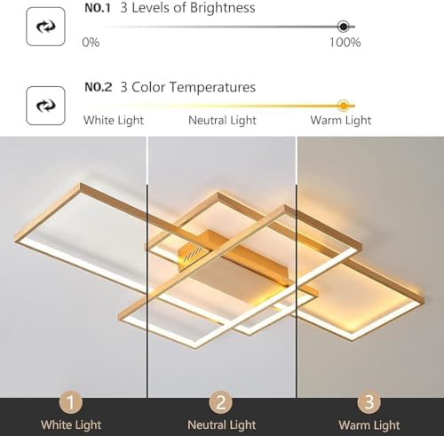 JIINOO Modern LED Ceiling Light | 50W Dimmable 3-Square Gold Chandelier