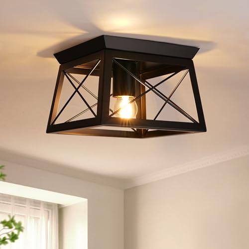 FORCOSO Industrial Flush Mount Ceiling Light – Matte Black Metal Square