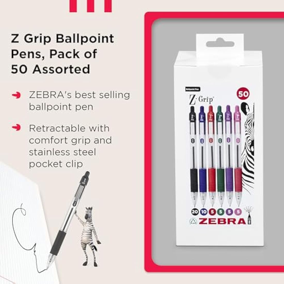 Zebra Z-Grip Retractable Ballpoint Pens, Medium Point, Assorted, 50 Pack