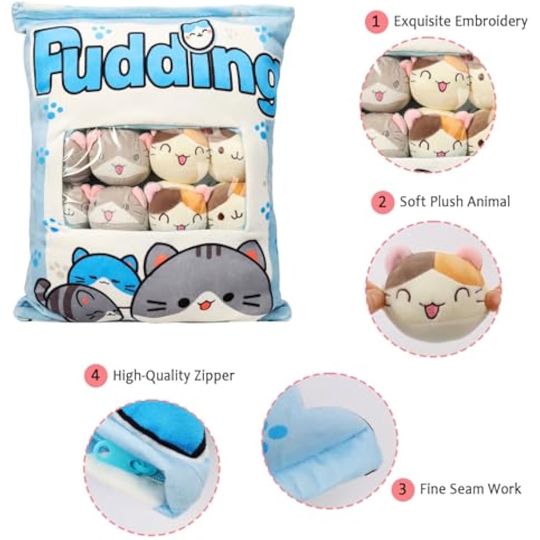 Cat Snack Pillow – Kawaii Plush with 8 Removable Kitty Dolls