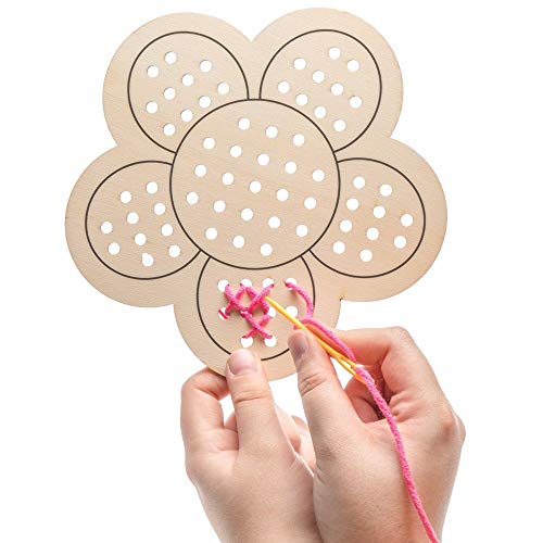 Baker Ross Flower Wooden Threading Kits for Kids - 4 Pack Sewing Craft