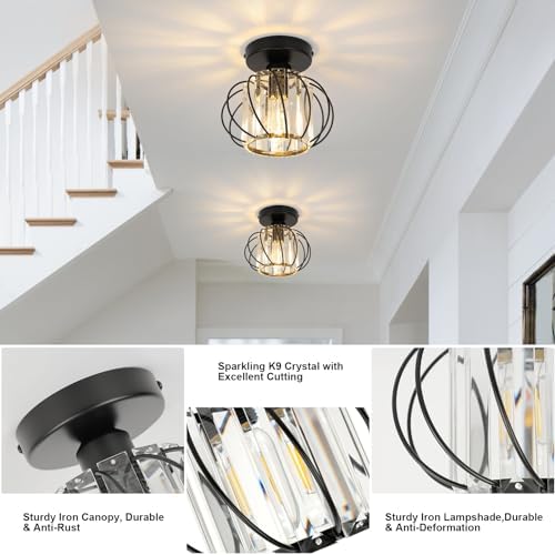 FORCOSO 2-Pack Black Crystal Ceiling Light | E27 Semi Flush Chandelier