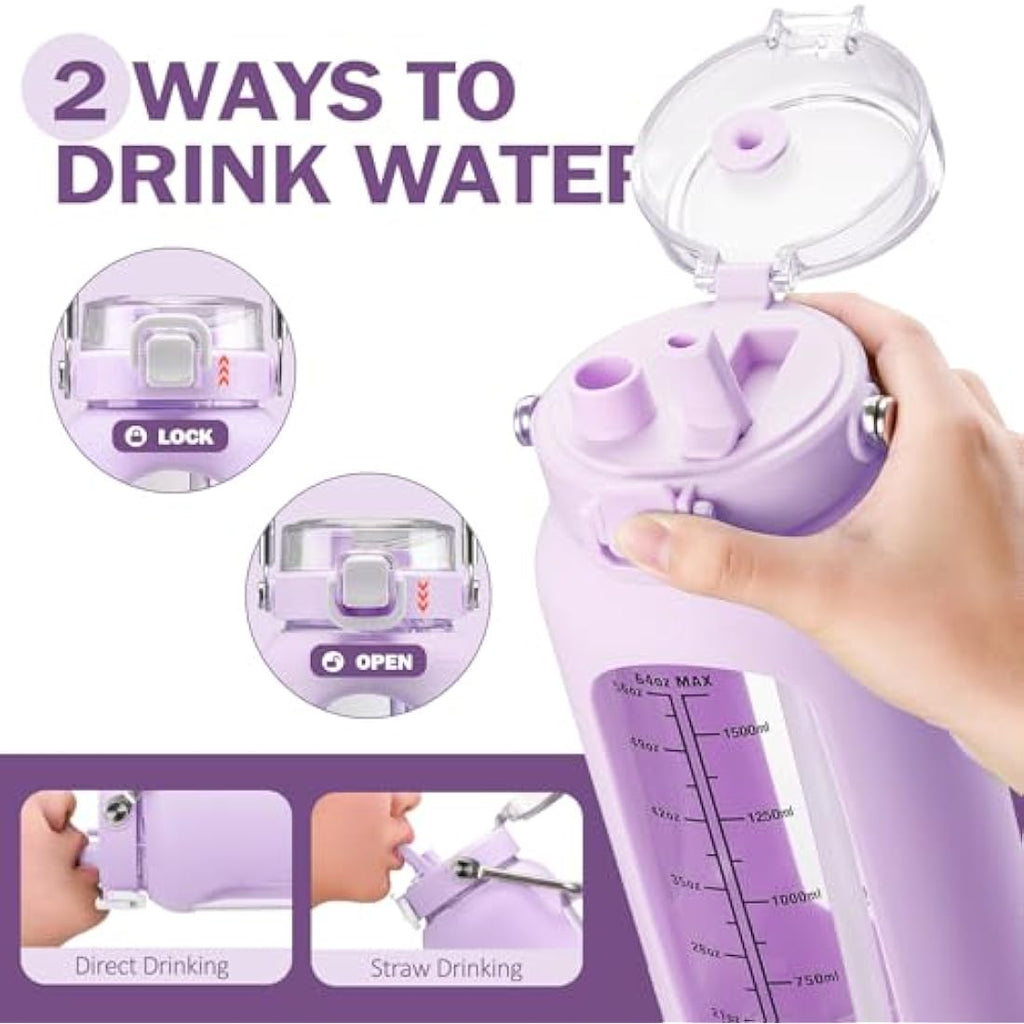 BLUEGO 2L Borosilicate Glass Water Bottle with Time Marker & Straw – Purple