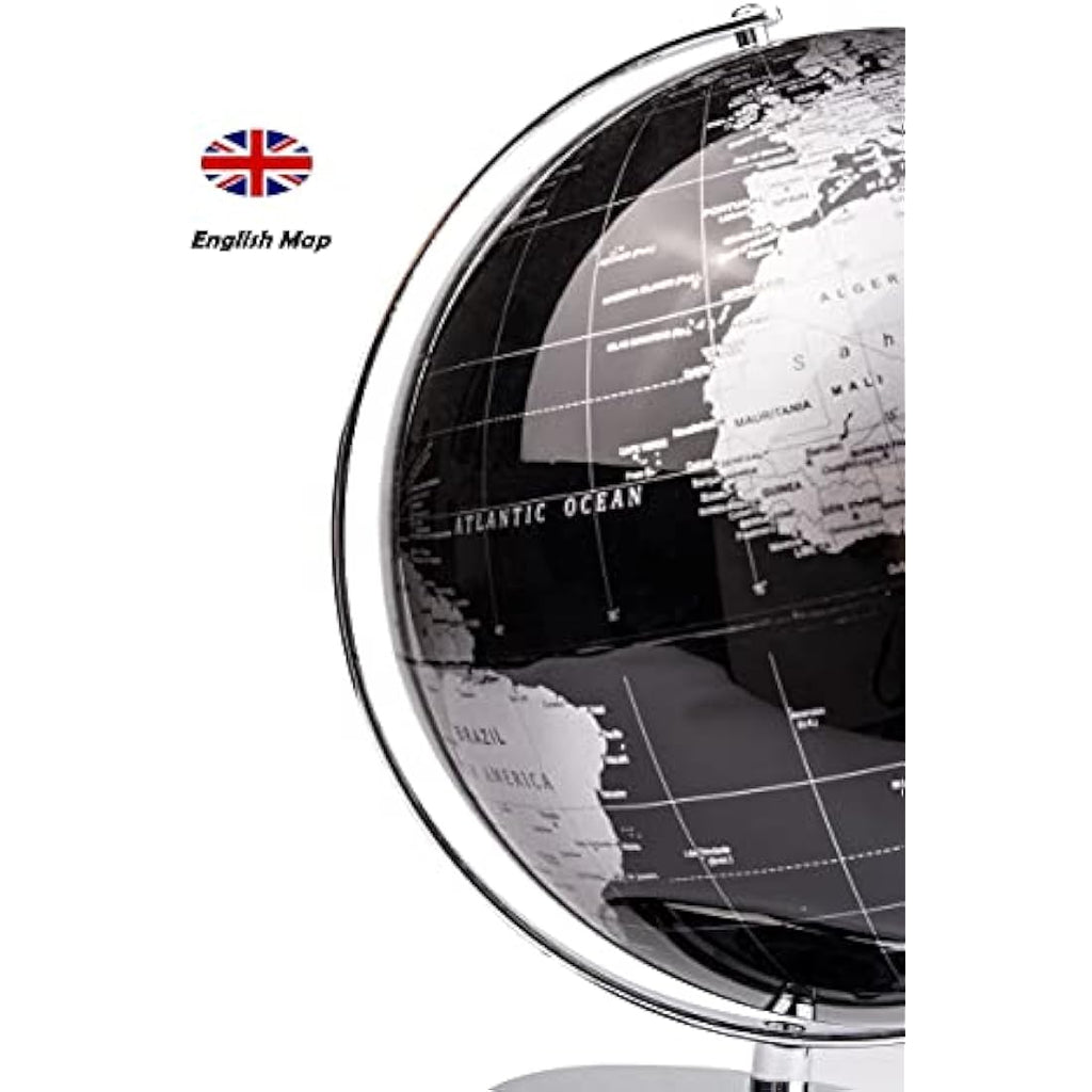 30cm World Globe – Metallic Black Map with Metal Base