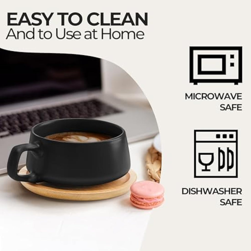 MIAMIO Ceramic Coffee Cup Set with Bamboo Saucers - 320ml Black, Set of 4