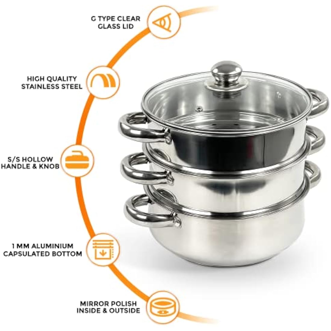 Jolof Store 3-Piece Stainless Steel Steamer Pot Set with Glass Lids