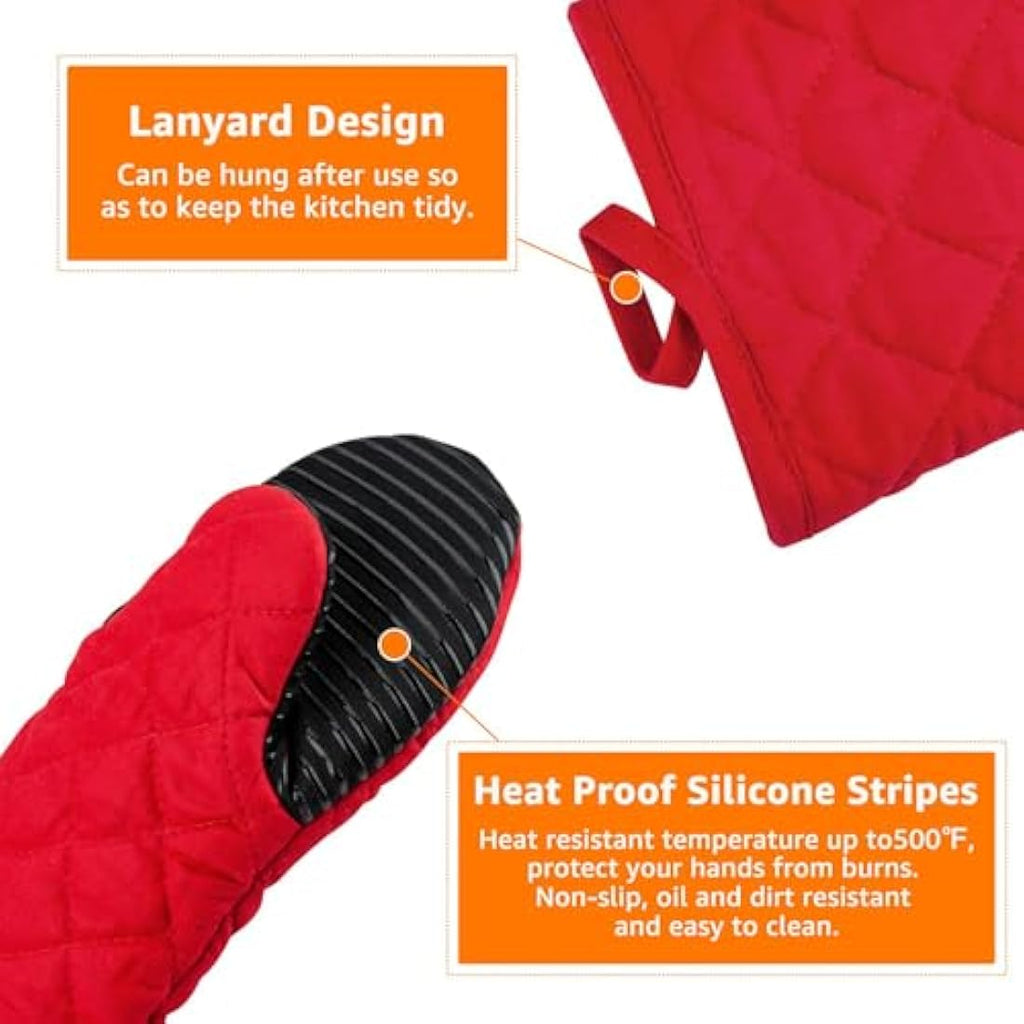 AYADA Silicone Oven Mitts – 13" Long Heat Resistant Gloves, 2 Pack Red