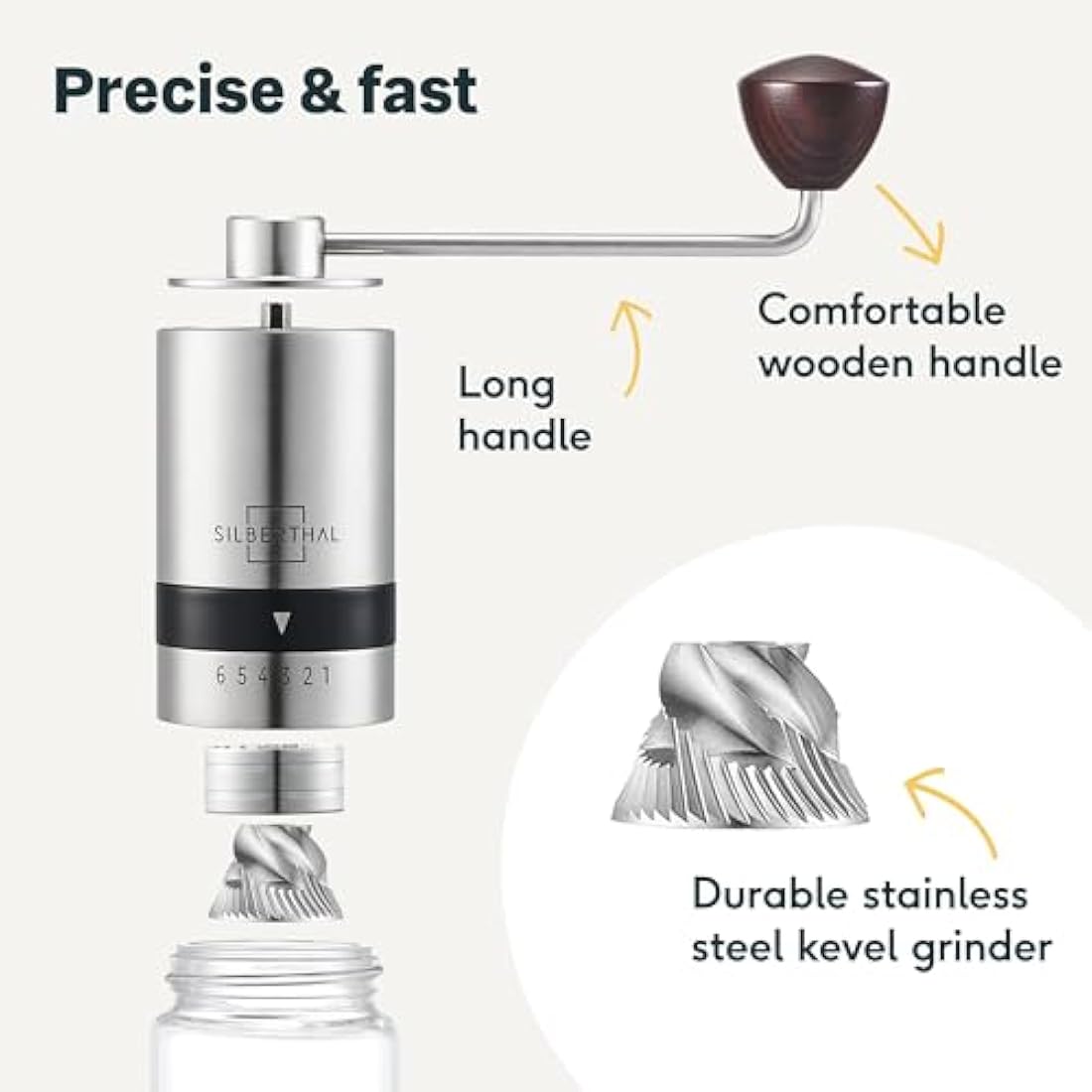 SILBERTHAL Manual Coffee Grinder – Stainless Steel with 6 Levels