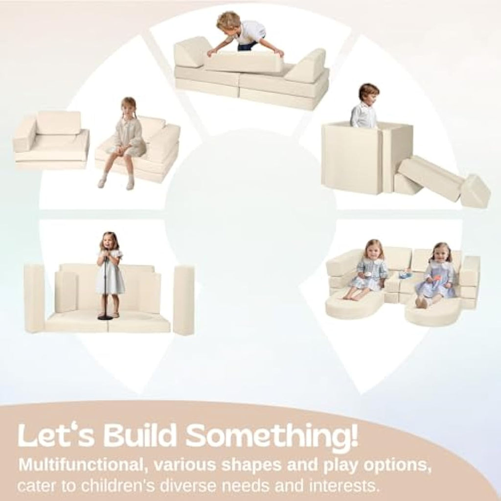 MeMoreCool 10-Piece Kids Play Couch – Modular Foam Toddler Sofa, Beige