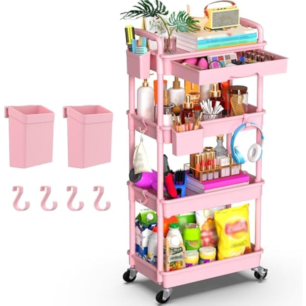 Yeabett 4-Tier Rolling Utility Cart with Drawers - Pink Storage Trolley