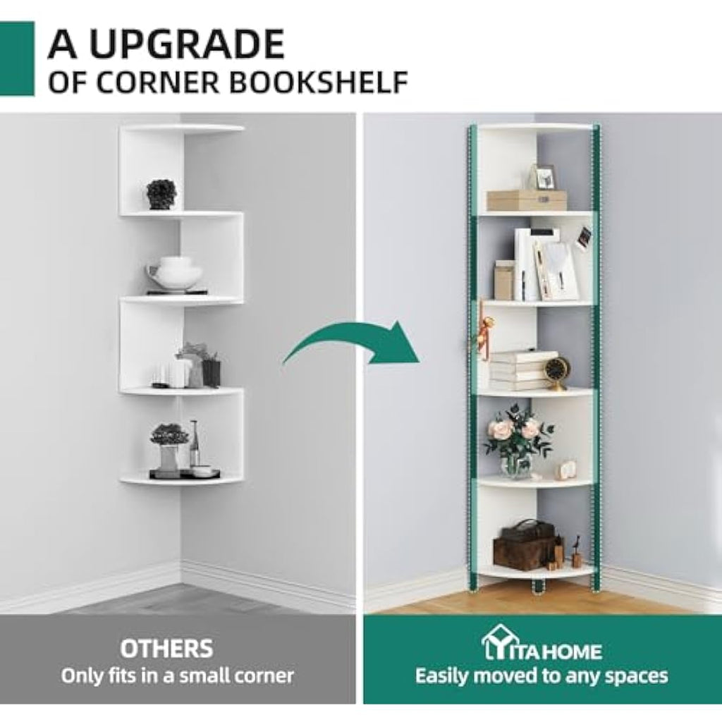 YITAHOME 6-Tier Corner Shelf – 68.8" Modern Zigzag Bookcase, White