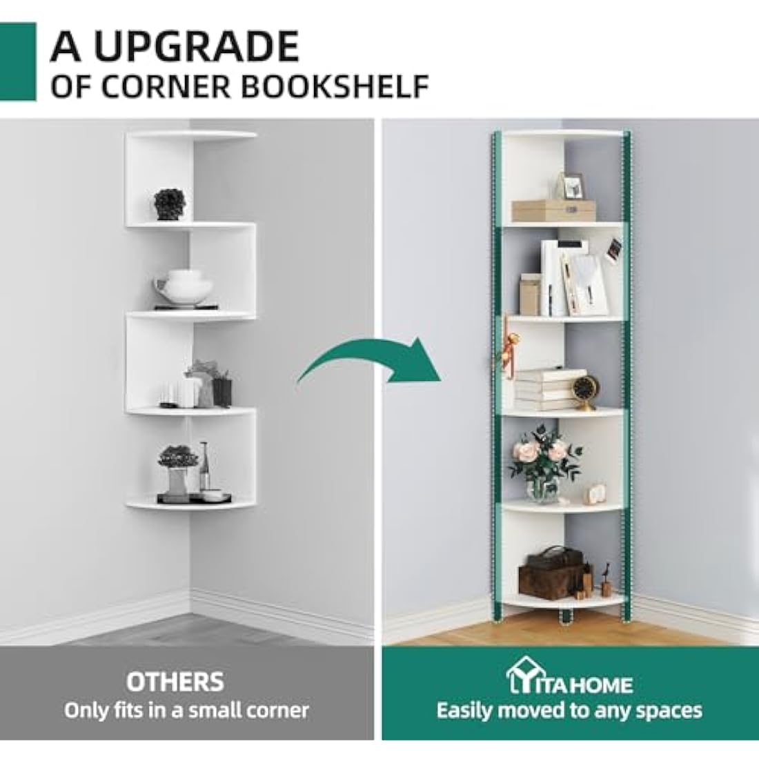 YITAHOME 6-Tier Corner Shelf – 68.8" Modern Zigzag Bookcase, White